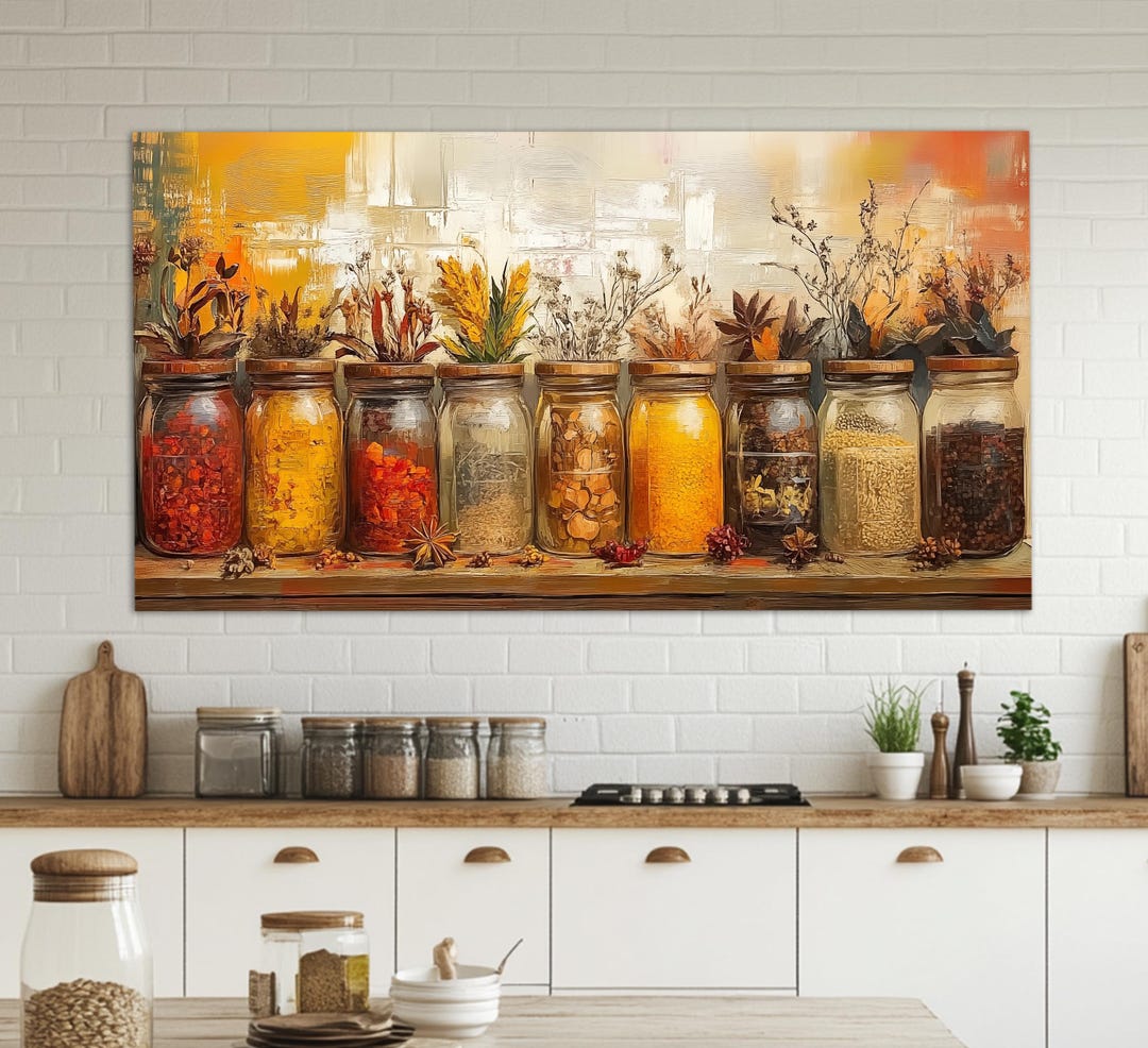 Kitchen Wall Art, Jars With Spices and Herbs Canvas Print, Abstract ...