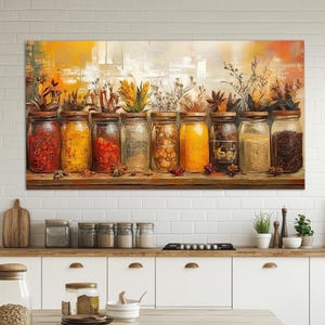 Abstrakte Kunst, Gewürze und Kräuter Leinwand Druck, Gläser mit Gewürzen und Kräutern, Abstraktes Gemälde für die Küche, Wand Deko für Küche