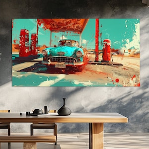 Retro Gas Station with Old Car Canvas Print in an Abstract Painting Style, Vintage Wall Art, Gas Station Decor, Car Service Decor