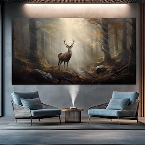 Deer in Forest Canvas Print in a Vintage Oil Painting Style, Mystical Forest Wall Art, Deer Painting, Animals Wall Decor, Deer Poster