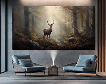 Deer in Forest Canvas Print in a Vintage Oil Painting Style, Mystical Forest Wall Art, Deer Painting, Animals Wall Decor, Deer Poster