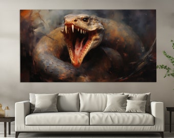 Impresión en lienzo de serpiente silbante en estilo de pintura al óleo vintage, arte mural de animales, pintura de serpientes, póster de serpientes, arte mural de serpientes