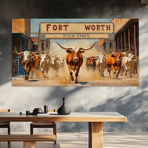 Impresión en lienzo de Fort Worth Stockyards en estilo pintura, arte mural de Fort Worth, pintura de los Fort Worth Bulls, rodeo de Fort Worth, lista para colgar