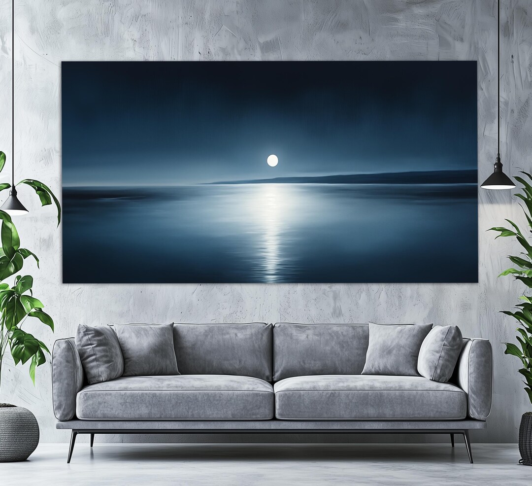 Minimalist Moon Over Lake Canvas Print, Moonlit on the Water Poster ...