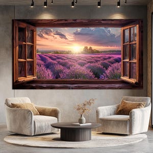 Lavender Field View from Open Window Canvas Print, Modern Home Decor, Lavender Field Print, Bedroom Wall Decor, Faux Window Poster image 1