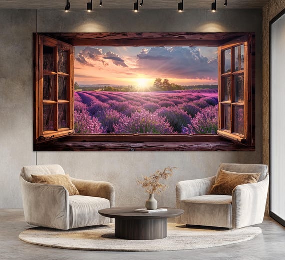 Lavender Field View from Open Window Canvas Print, Modern Home Decor, Lavender Field Print, Bedroom Wall Decor, Faux Window Poster