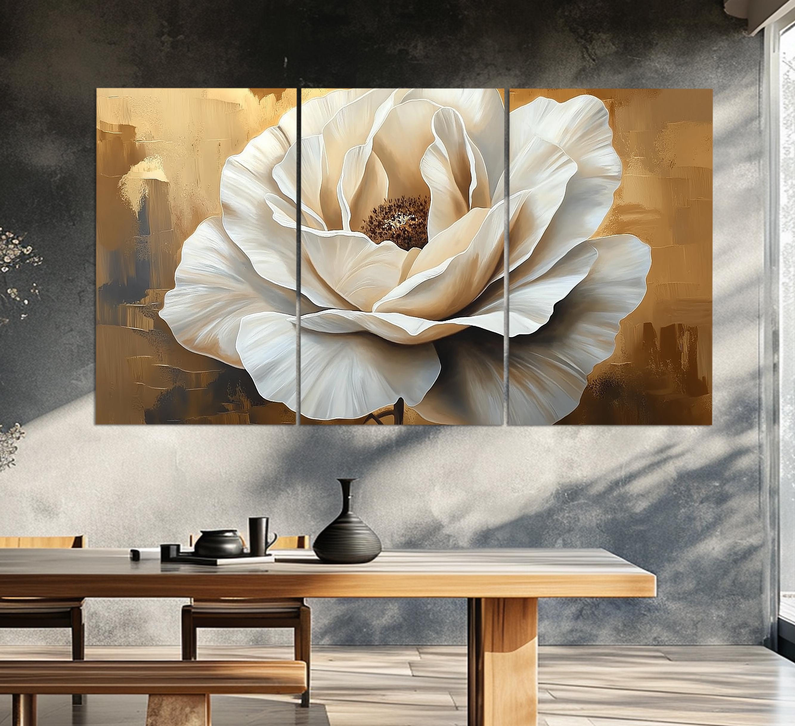 Abstract White Flower on Gold Background Canvas Print, Floral Wall ...