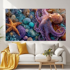 Ocean Life Canvas Art, Octopus Canvas Print, Underwater Wall Art, Octopus Painting, Ocean Underwater Wall Decor, Sea Creatures Canvas Print