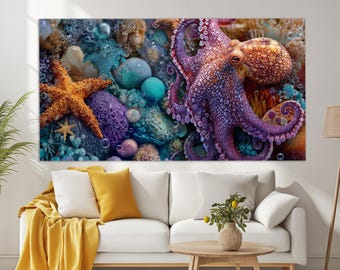 Ocean Life Canvas Art, Octopus Canvas Print, Underwater Wall Art, Octopus Painting, Ocean Underwater Wall Decor, Sea Creatures Canvas Print