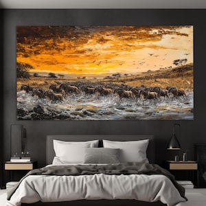 Migration of Wildebeest in the Savannas of Kenya Canvas Print in an Oil Painting Style, Animals Wall Art, Kenya Painting, Wildebeest Poster