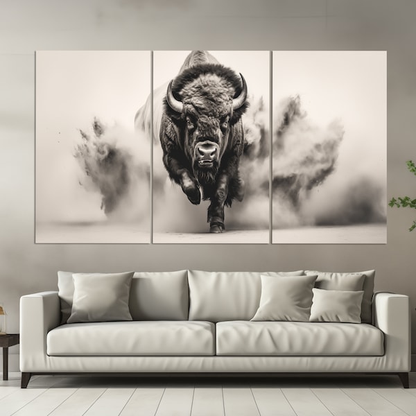 Bison Canvas Print, Black and White Animals Wall Art, Bison Painting, Bison Poster, Bison Wall Art, Monochrome Animals Canvas Art