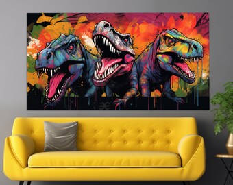 Dinosaurs Canvas Print, Dinosaurs Wall Art, Dinosaurs Painting in a Pop Art Style, Street Art Wall Decor, Pop Art Dinosaurs  Canvas Art