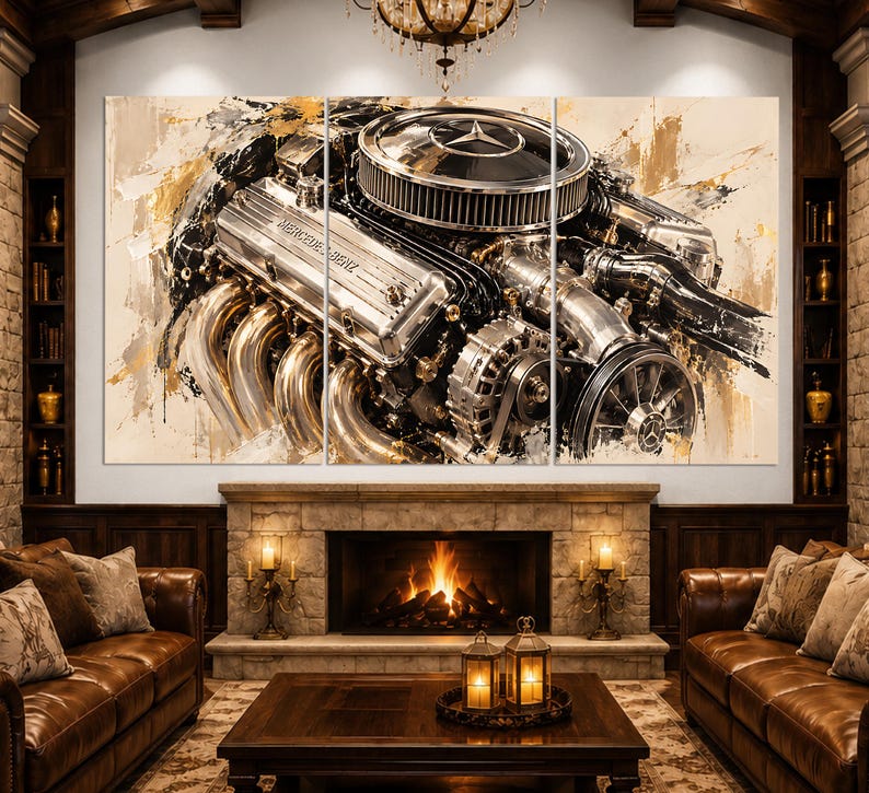 Mercedes Benz Engine Canvas Print, Luxury V8 Motor Wall Art, Black and ...