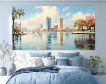 Impresión en lienzo de Tampa en estilo de pintura al óleo vintage, arte mural de Tampa, pintura abstracta de Tampa, decoración de pared de Tampa
