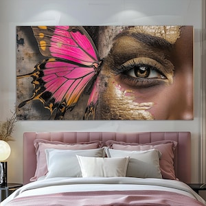 Abstract Fashion Wall Art, Butterfly on Beautiful Woman Face Canvas Print, Fashion Canvas Art, Makeup Studio Decor, Visagiste Gift