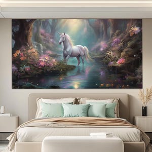 Beautiful Unicorn in Fantasy Forest Canvas Print, Fantasy Wall Art, Unicorn Painting, Unicorn Poster