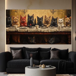 Impresión en lienzo estilo Leonardo da Vinci de La Última Cena con Gatos, Arte mural abstracto de La Última Cena, Póster divertido de La Última Cena, Regalo para amantes de los gatos