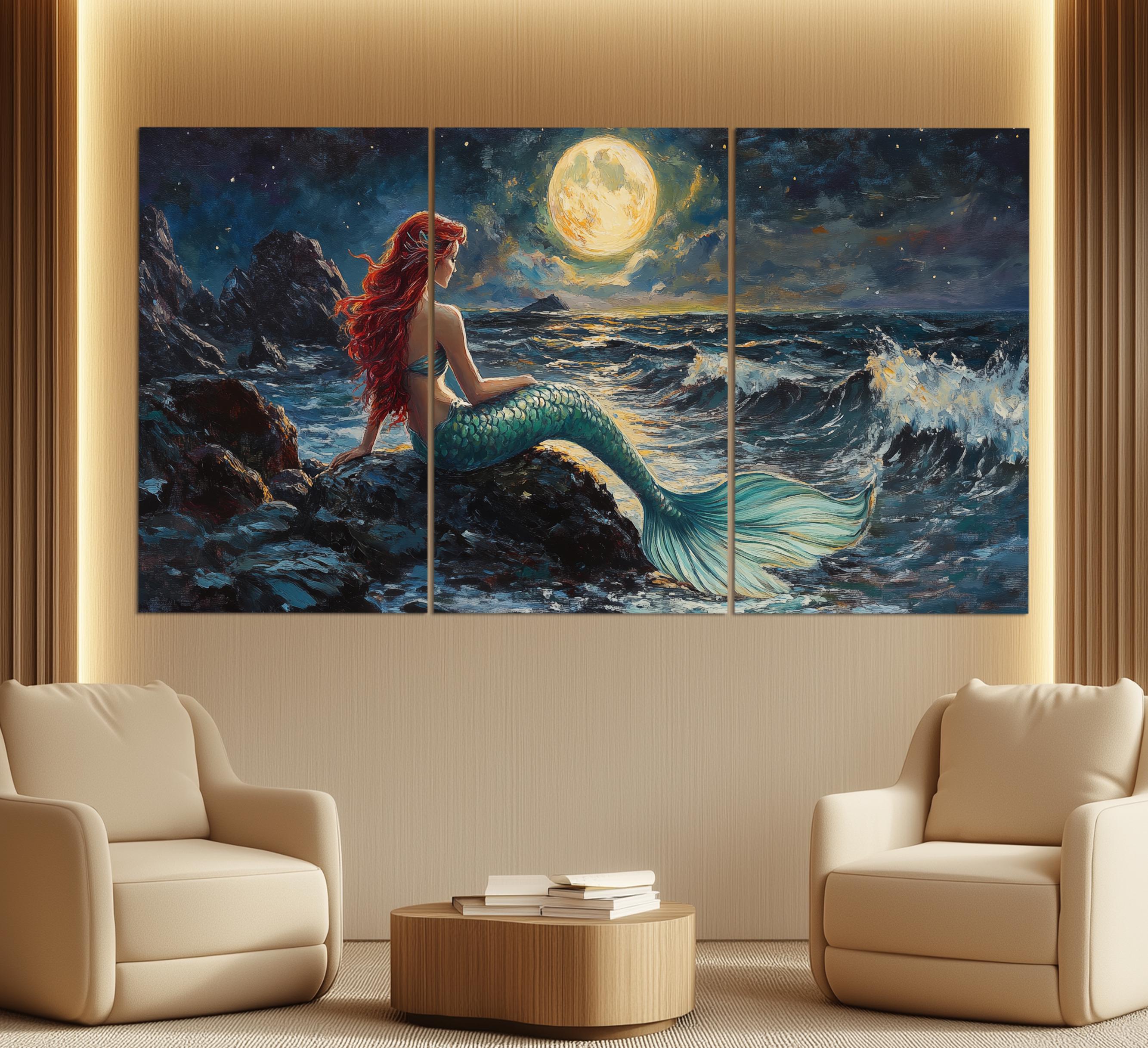 Redhead Mermaid by the Sea Under the Full Moon Canvas Print, Mermaid ...