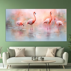 Pink Flamingos Canvas Print in a Vintage Oil Painting Style, Neutral Colors Wall Art, Flamingo Painting, Contemporary Wall Decor