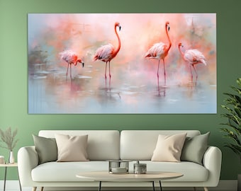 Pink Flamingos Canvas Print in a Vintage Oil Painting Style, Neutral Colors Wall Art, Flamingo Painting, Contemporary Wall Decor