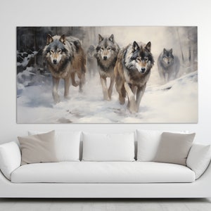 Wölfe im Winter Wald Leinwanddruck in einem Vintage Ölmalerei Stil, neutrale Farben Wandkunst, Wolf Malerei, Tiere Wanddekor