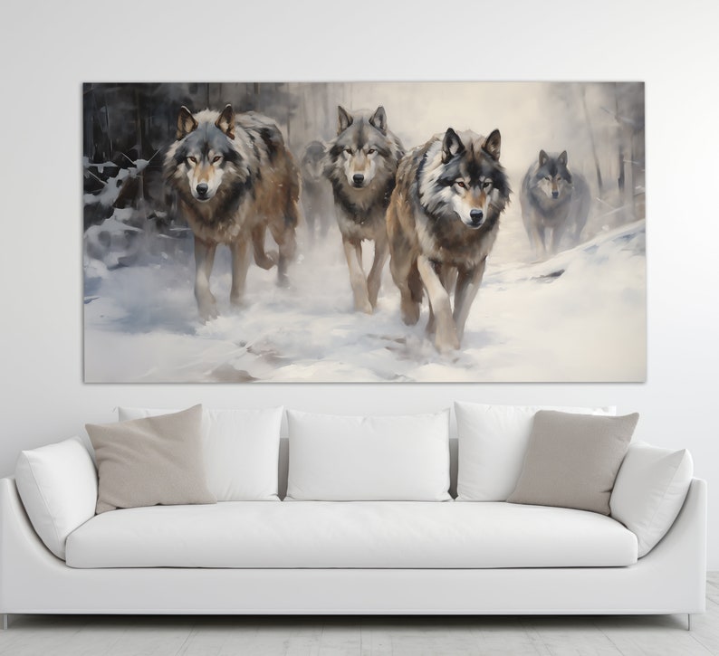 May include: A painting of four grey wolves walking through a snowy forest. The wolves are in the foreground of the painting, and the forest is in the background. The wolves are all looking forward, and the snow is falling around them.