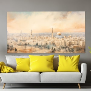 Impression sur toile de Jérusalem dans un style de peinture à l'huile vintage, art mural abstrait de Jérusalem, peinture de Jérusalem de couleurs neutres, décoration murale d'Israël