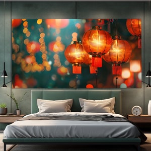 Chinese Lanterns Canvas Print in an Vintage Oil Painting Style, Asian Wall Art, Chinese Lanterns Painting, Chinese Canvas Art, Asian Decor