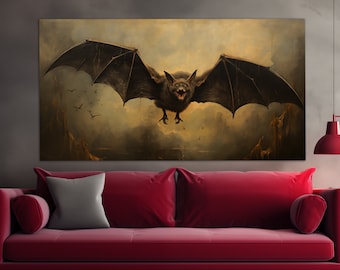 Vintage Bat Canvas Print, Gothic Wall Art, Gothic Bat Painting, Dark Academia Canvas Art, Gothic Wall Decor, Gothic Canvas Print