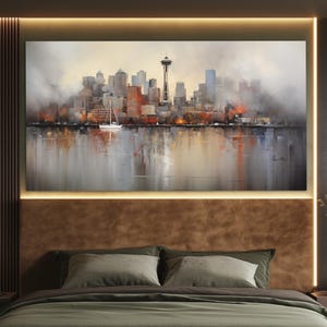 Seattle Canvas Print in a Vintage Oil Painting Style, Abstract Seattle Wall Art, Neutral Colors Seattle Painting, Seattle Wall Decor