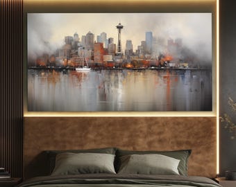 Seattle Canvas Print in a Vintage Oil Painting Style, Abstract Seattle Wall Art, Neutral Colors Seattle Painting, Seattle Wall Decor