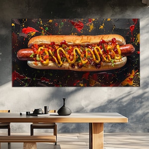 Juicy Hot Dog Canvas Print, Hot Dog Poster, Kitchen Wall Decor, Hot Dog Wall Art, Fast Food Restaurant Wall Decor, Hot Dog Print