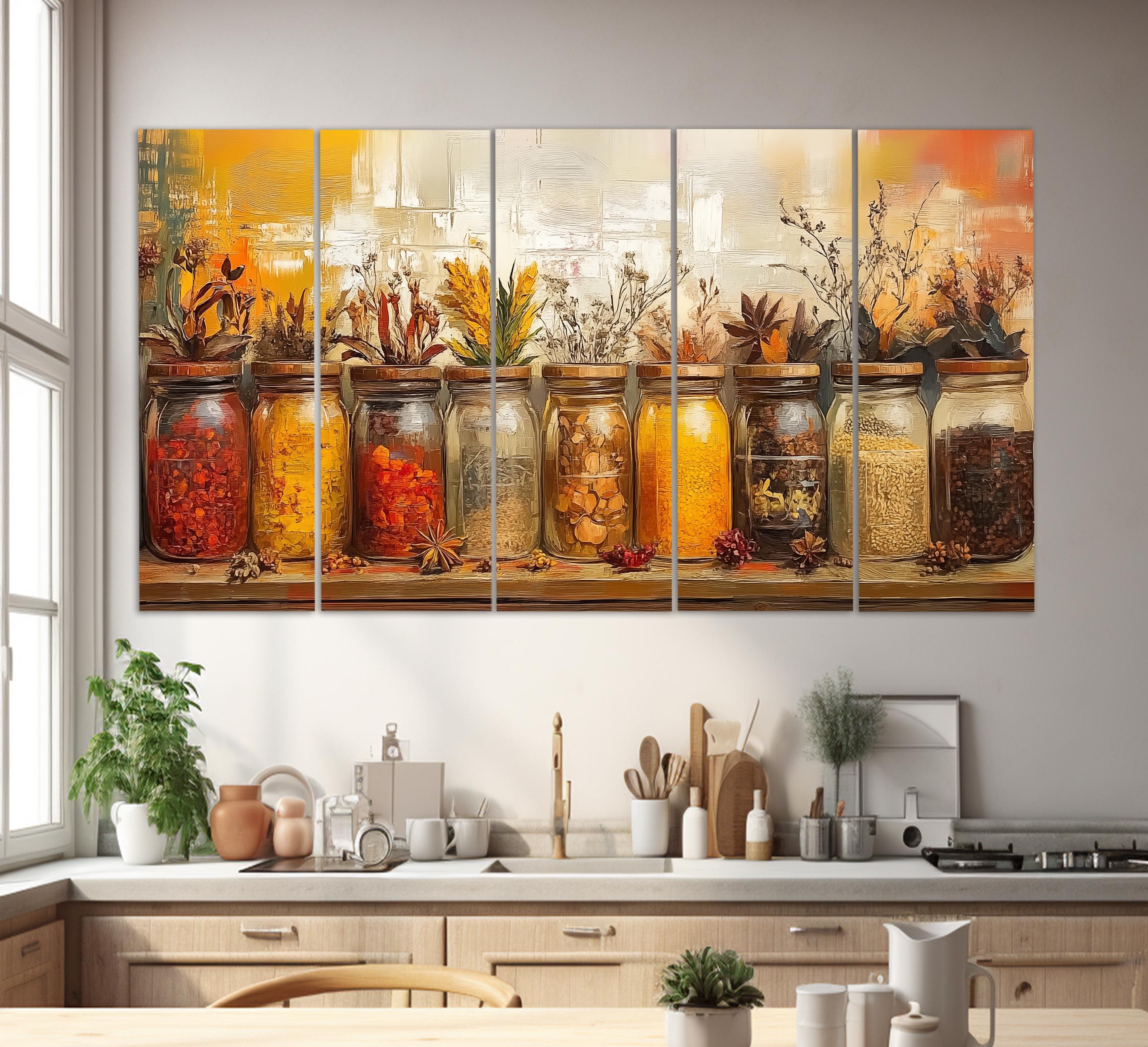 Kitchen Wall Art, Jars With Spices and Herbs Canvas Print, Abstract ...