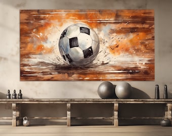 Puede incluir: Una pintura de acuarela de un balón de fútbol sobre un fondo marrón y naranja. El balón está en el aire y parece estar pateando tierra o agua. El fondo es un diseño abstracto borroso.