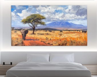 May include: A painting depicting a savanna landscape with a solitary elephant walking along a dirt track. The elephant is facing the viewer, and the background features a mountain range, a blue sky with white clouds, and a green tree.