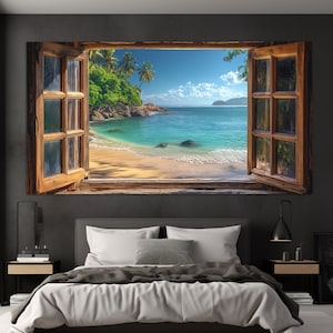 Stampa su tela con vista panoramica sulla spiaggia da una finestra aperta, stampa artistica da parete con spiaggia, stampa su tela con spiaggia tropicale, decorazione da parete per camera da letto, poster con finestra finta