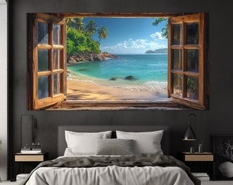Scenic Beach View from Open Window Canvas Print, Beach Wall Art, Tropical Beach Canvas Print, Bedroom Wall Decor, Faux Window Poster