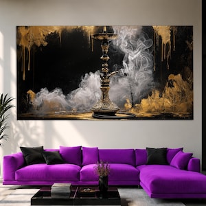 May include: A rectangular wall art piece featuring a central ornate hookah surrounded by swirling white smoke against a black background with gold paint drips and textured accents. The artwork is displayed above a vibrant purple sectional sofa.