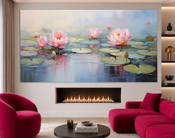 May include: A large rectangular wall art print featuring a serene pond scene with multiple blooming pink lotus flowers and green lily pads floating on calm, light blue and soft white water, creating a peaceful and natural aquatic composition.
