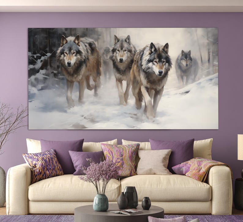 Wolves in Winter Forest Canvas Print in a Vintage Oil Painting Style, Neutral Colors Wall Art, Wolf Painting, Animals Wall Decor image 2