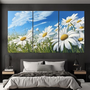 Stampa su tela astratta con campo di margherite, decorazione murale floreale, arte murale con margherite, dipinto su tela con campo di margherite, stampa su tela con fiori di margherite, arte murale floreale