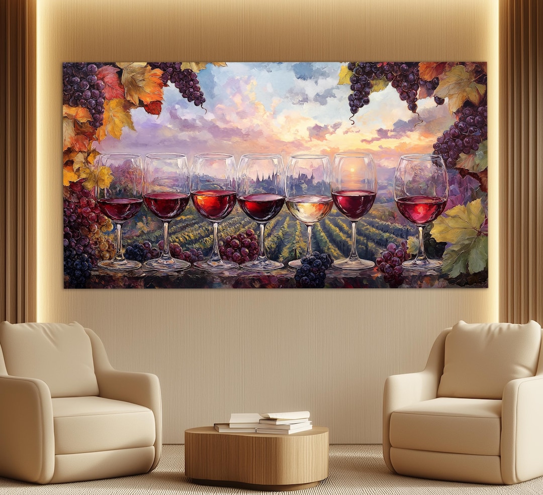 Wine Glasses on Retro Tuscany Landscape Canvas Print, Wine Wall Art ...