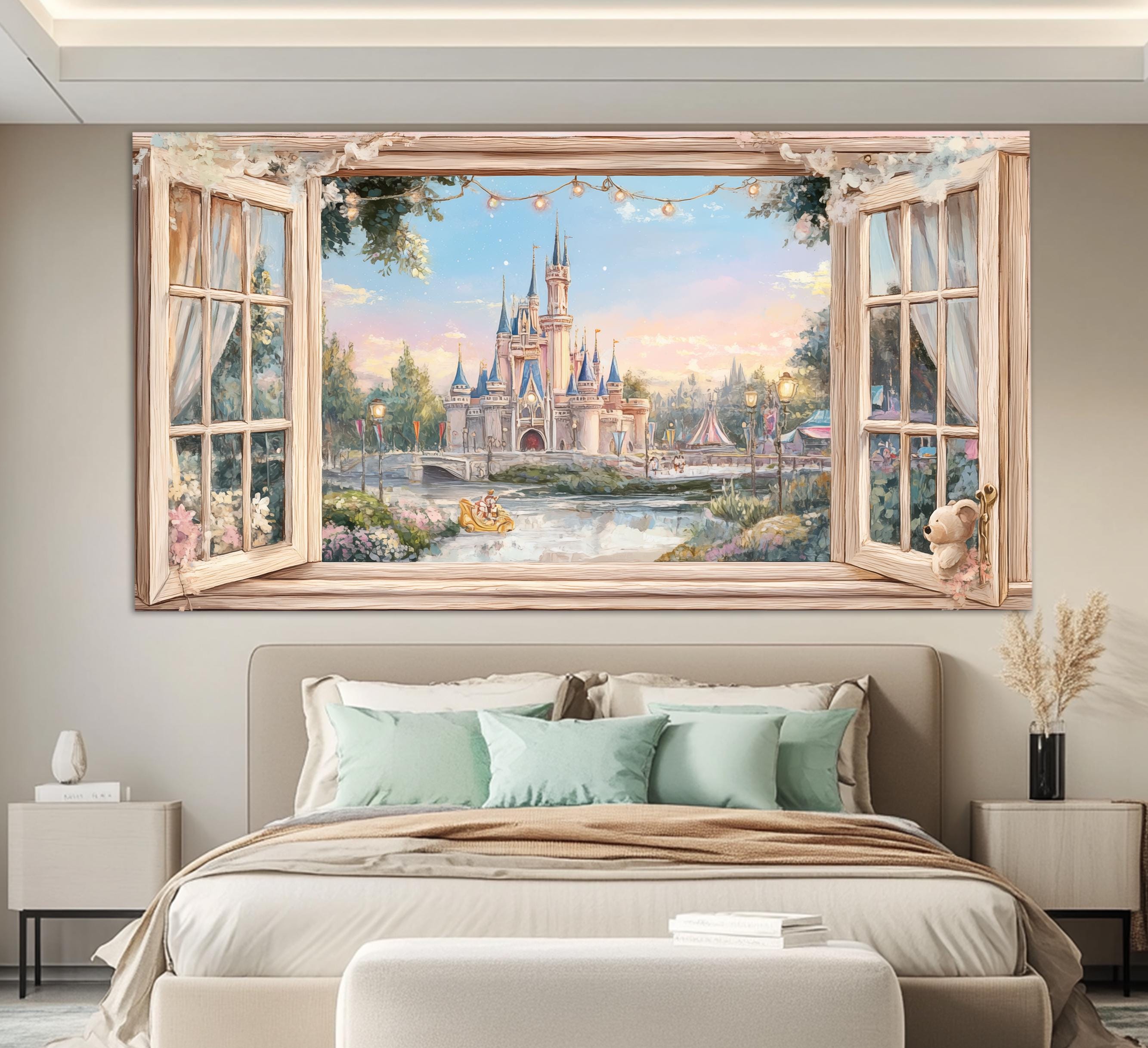 Fairytale Castle View From Open Window Canvas Print, Princess Castle ...