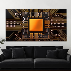 Abstract Electronics Wall Art, Circuit Canvas Print, Microchip Poster, Golden Circuit Print, Technology Wall Art, Engineer Gift