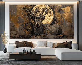 Abstract Deer Canvas Print in a Vintage Oil Painting Style, Mystical Full Moon Deer Painting, Animals Wall Art, Scenic Deer Poster
