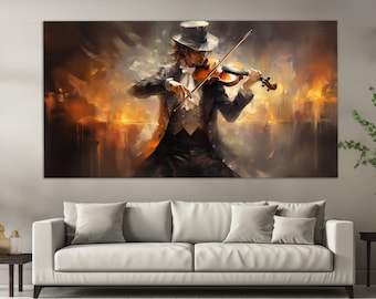 Violinist Playing Violin Canvas Print in Vintage Oil Painting Style, Violinist Painting, Music Wall Art, Violinist Gift, Music School Decor