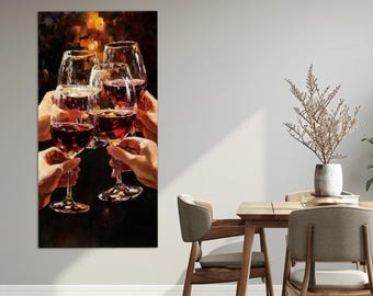 赤ワイン乾杯キャンバスプリント、ワイングラスの絵画、モダンなキッチンの壁装飾、赤ワインの壁アート、ワインルームの装飾、ワイナリーの壁装飾