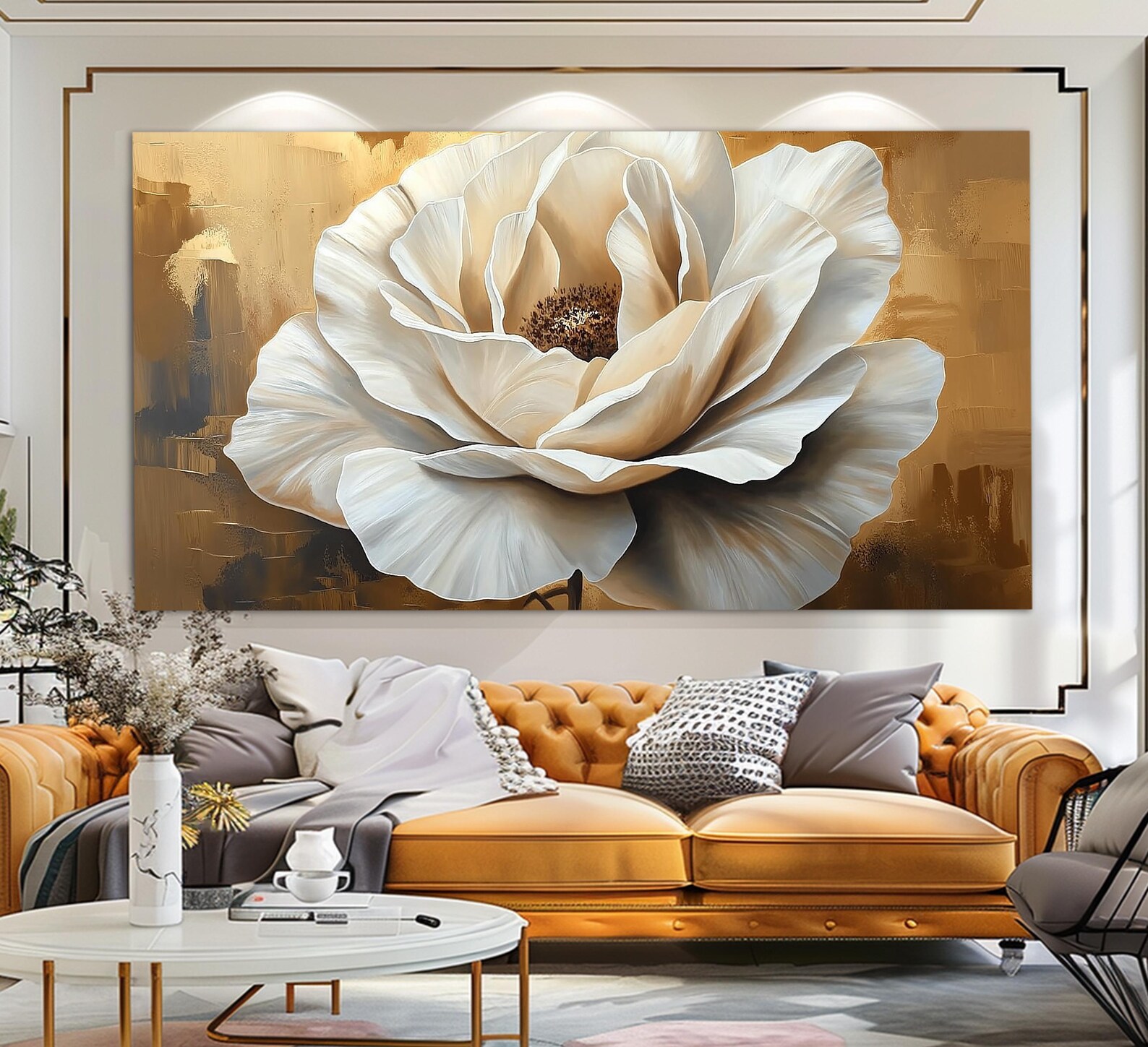 Abstract White Flower on Gold Background Canvas Print, Floral Wall ...