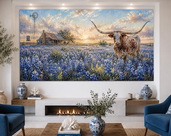 Texas Bluebonnets Canvas Print, Longhorn Wall Art, Texas Ranch Landscape Decor