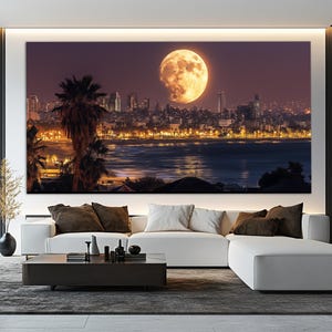 Night Tel Aviv Canvas Print,Mystical Moon over Tel Aviv Painting, Tel Aviv Wall Art, Israel Wall Art, Israel Canvas Print, Israeli Gift